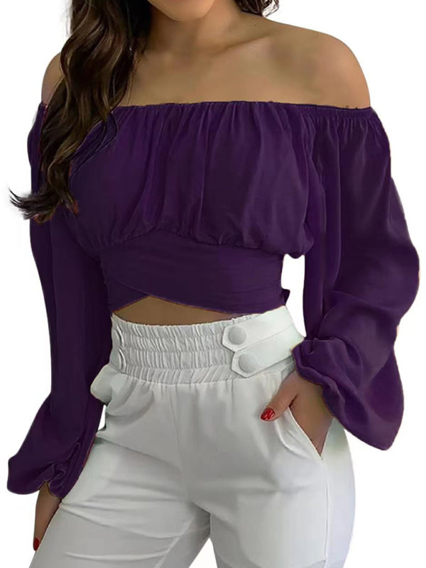 Crop Tops- Floral Print Crop Blouse - Off-The-Shoulder Long Sleeves Top- Purple- Pekosa Women Clothing