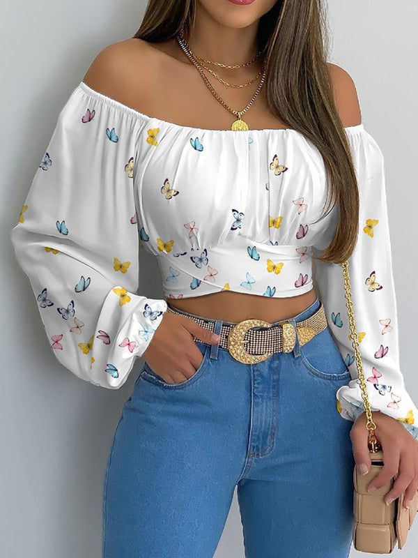 Crop Tops- Floral Print Crop Blouse - Off-The-Shoulder Long Sleeves Top- Yellow- Pekosa Women Clothing