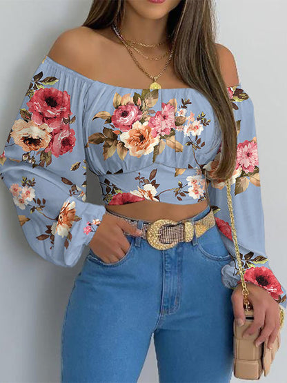 Crop Tops- Floral Print Crop Blouse - Off-The-Shoulder Long Sleeves Top- Acid blue- Pekosa Women Clothing