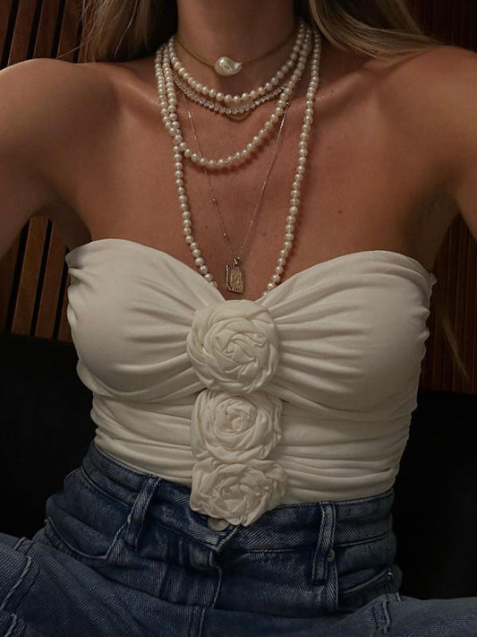 Crop Tops- Night Out Strapless Floral Appliqué Tube Crop Top - Limited Edition- White- Pekosa Women Clothing