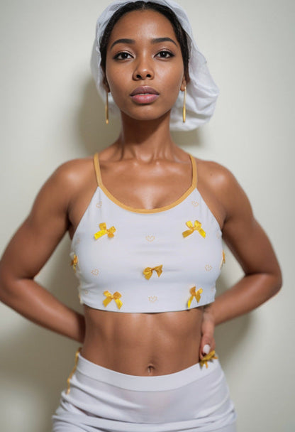 Crop Tops- Sporty Padded Crop Top - Bra with Contrast Bow & Strappy Back- Yellow- Pekosa Women Fashion