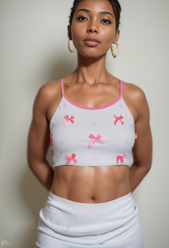 Crop Tops- Sporty Padded Crop Top - Bra with Contrast Bow & Strappy Back- Pink- Pekosa Women Fashion