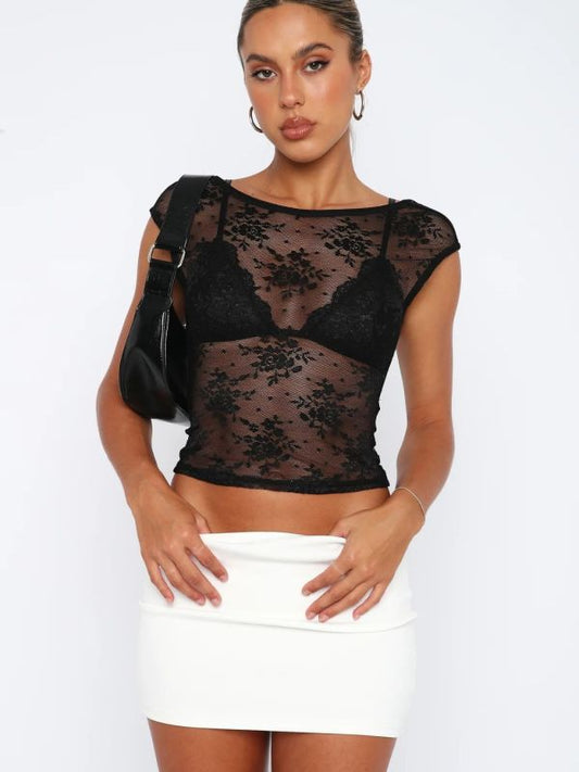 Crop Tops- Women's Mesh Lace See-Through Tee- Black- Pekosa Women Fashion