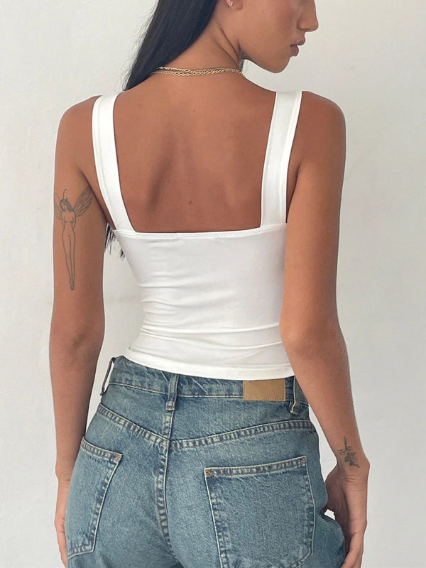 Crop Tops- Women's Square Neck Ruched Tie Bust Crop Top- - Pekosa Women Fashion