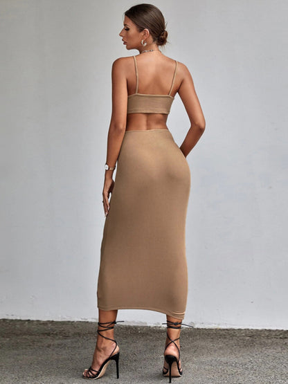 Cutout Dresses- Solid Bodycon Backless Cocktail Cami Cutout Dress- - Pekosa Women Clothing