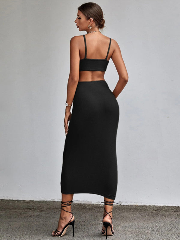 Cutout Dresses- Solid Bodycon Backless Cocktail Cami Cutout Dress- - Pekosa Women Clothing