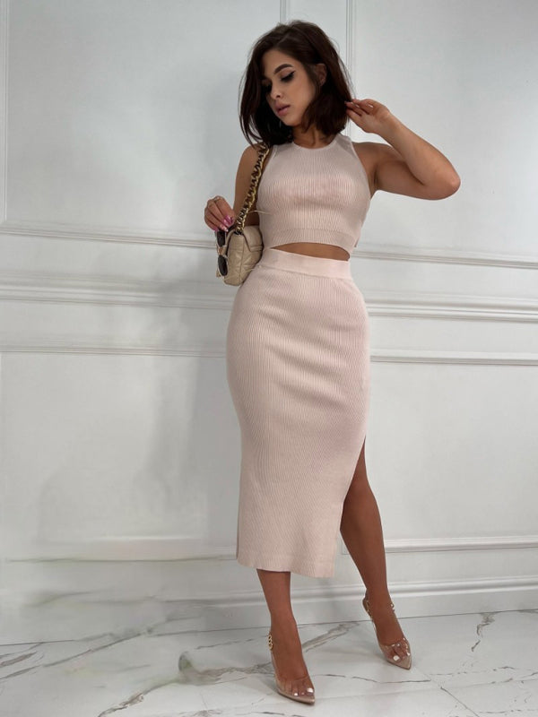 Cutout Outfits- Ribbed Cutout 2-Piece Bodycon with Crop Tank Top and Slit Midi Dress- Khaki- Pekosa Women Clothing