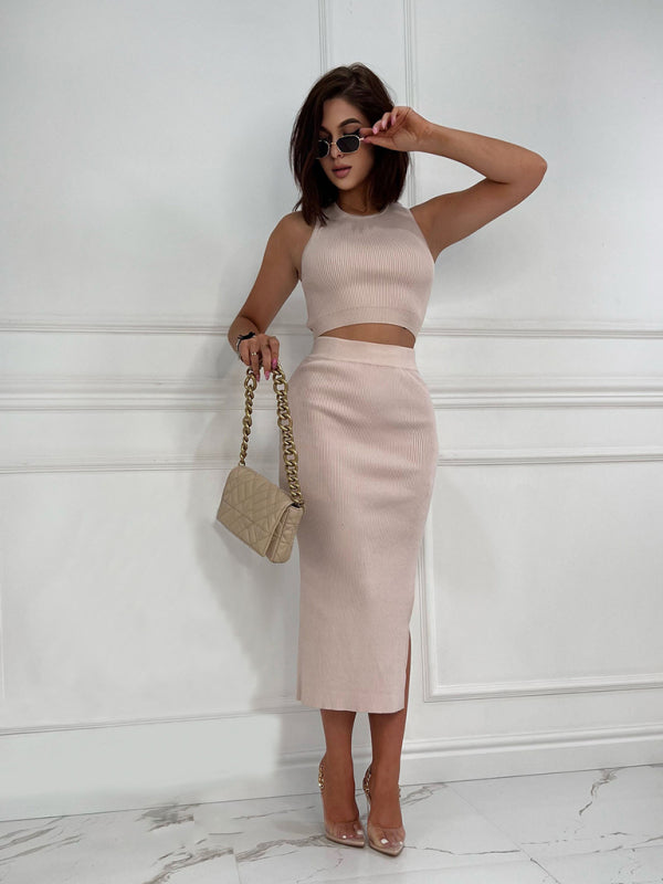 Cutout Outfits- Ribbed Cutout 2-Piece Bodycon with Crop Tank Top and Slit Midi Dress- - Pekosa Women Clothing