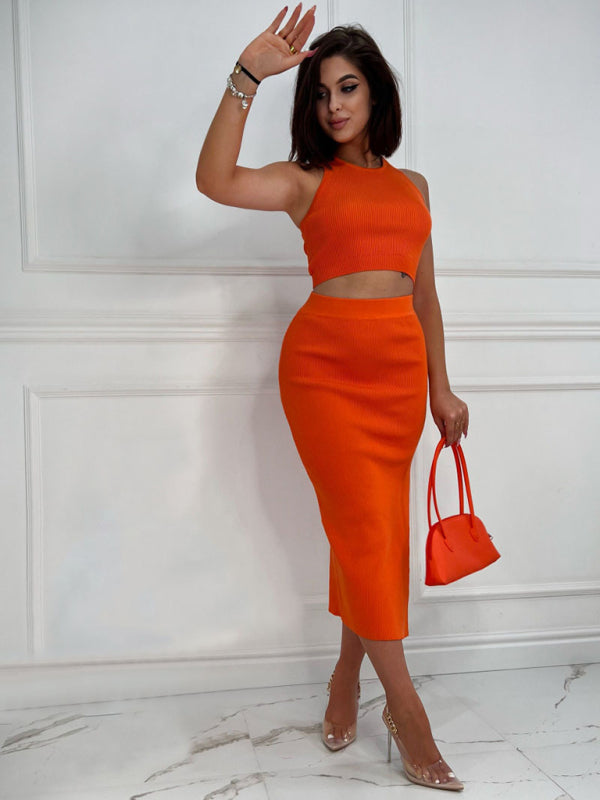 Cutout Outfits- Ribbed Cutout 2-Piece Bodycon with Crop Tank Top and Slit Midi Dress- Orange- Pekosa Women Clothing