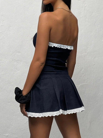 Denim Dresses- Denim Strapless Tube Dress with Pleats and Lace Detail- - Pekosa Women Fashion