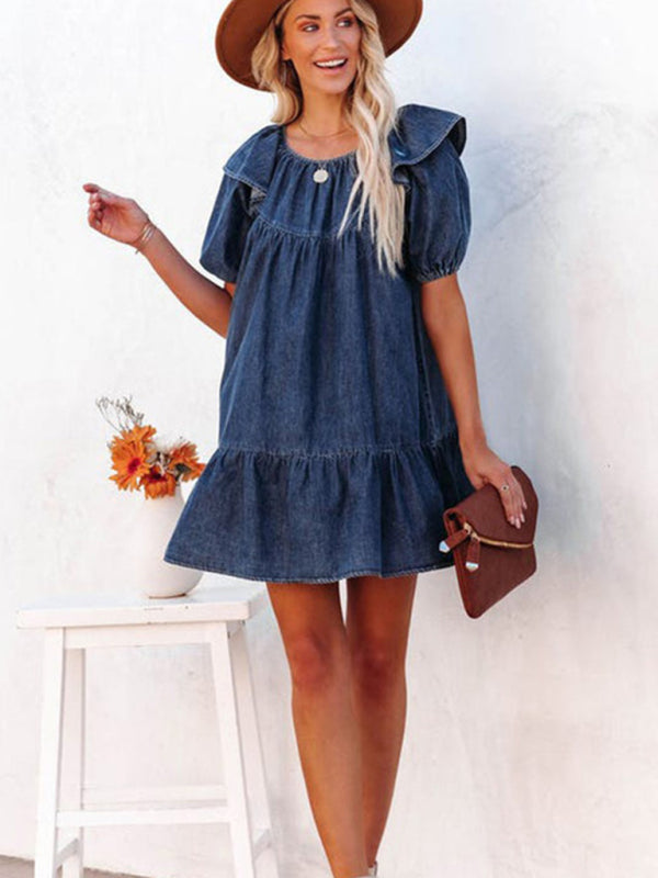 Denim Dresses- Denim Tunic Mini Dress with Puff Sleeves and Ruffle Accents- - Pekosa Women Clothing