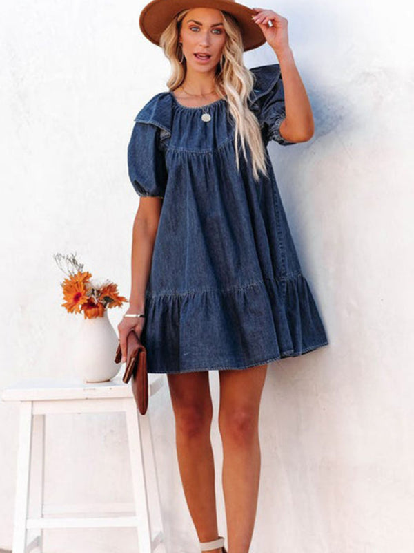 Denim Dresses- Denim Tunic Mini Dress with Puff Sleeves and Ruffle Accents- - Pekosa Women Clothing