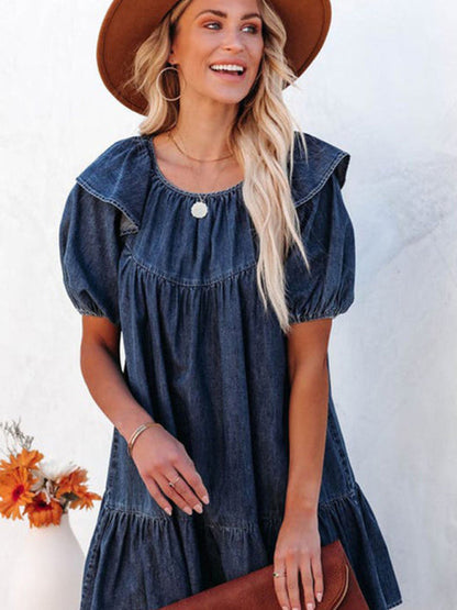 Denim Dresses- Denim Tunic Mini Dress with Puff Sleeves and Ruffle Accents- Blue- Pekosa Women Clothing