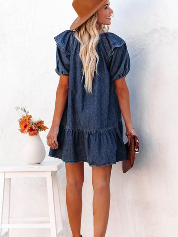 Denim Dresses- Denim Tunic Mini Dress with Puff Sleeves and Ruffle Accents- - Pekosa Women Clothing