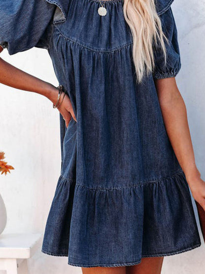 Denim Dresses- Denim Tunic Mini Dress with Puff Sleeves and Ruffle Accents- - Pekosa Women Clothing