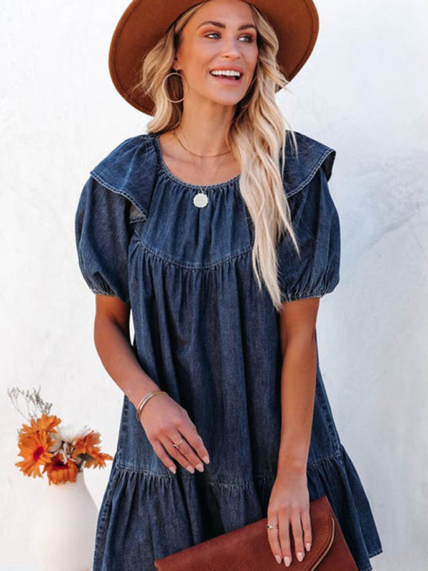 Denim Dresses- Denim Tunic Mini Dress with Puff Sleeves and Ruffle Accents- - Pekosa Women Clothing