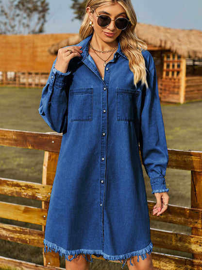 Denim Dresses- Retro Oversized Distressed Denim Shirt Dress- Purplish blue navy- Pekosa Women Clothing