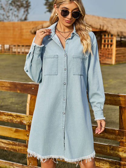 Denim Dresses- Retro Oversized Distressed Denim Shirt Dress- - Pekosa Women Clothing