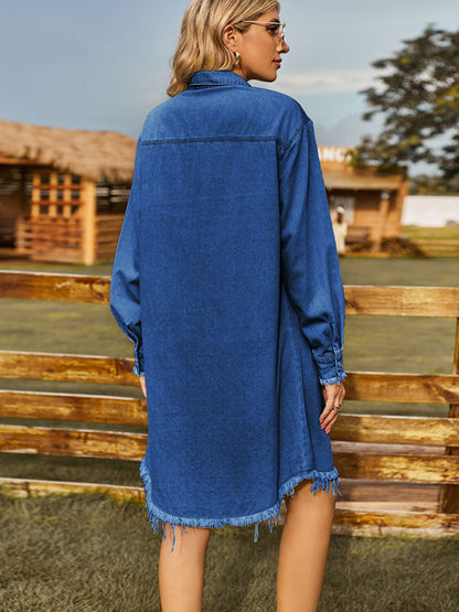 Denim Dresses- Retro Oversized Distressed Denim Shirt Dress- - Pekosa Women Clothing