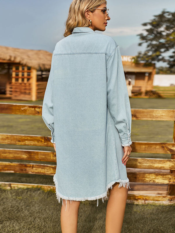 Denim Dresses- Retro Oversized Distressed Denim Shirt Dress- - Pekosa Women Clothing