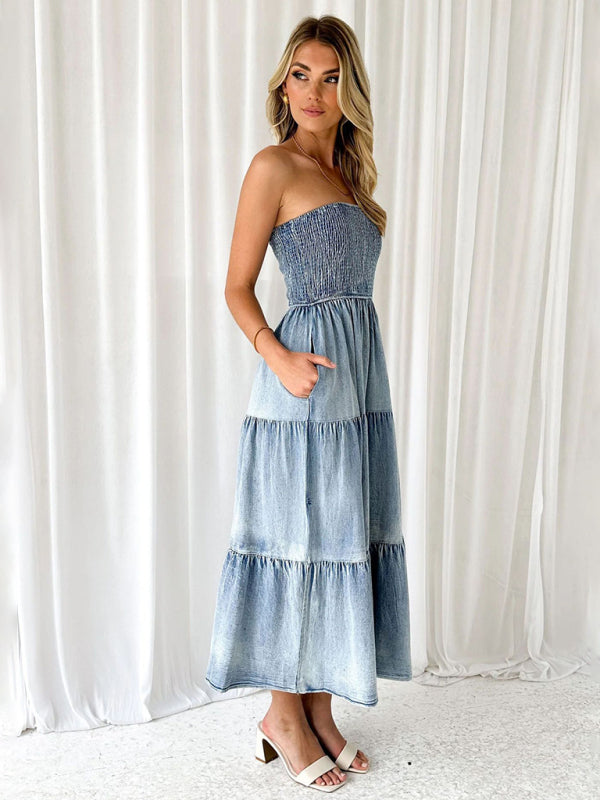 Denim Dresses- Smocked Bodice Denim Midi Dress Strapless & Tiered with Side Pockets- - Pekosa Women Fashion