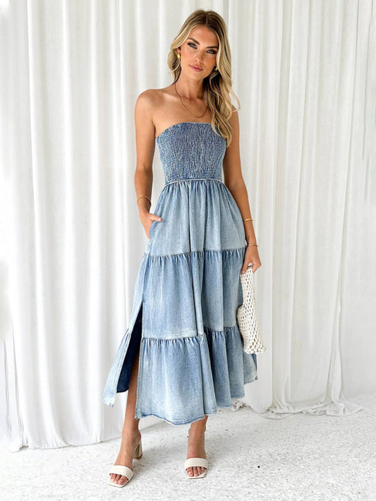 Denim Dresses- Smocked Bodice Denim Midi Dress Strapless & Tiered with Side Pockets- Clear blue- Pekosa Women Fashion