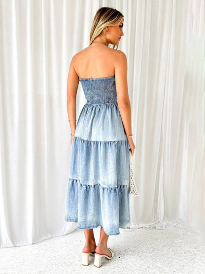 Denim Dresses- Smocked Bodice Denim Midi Dress Strapless & Tiered with Side Pockets- - Pekosa Women Fashion