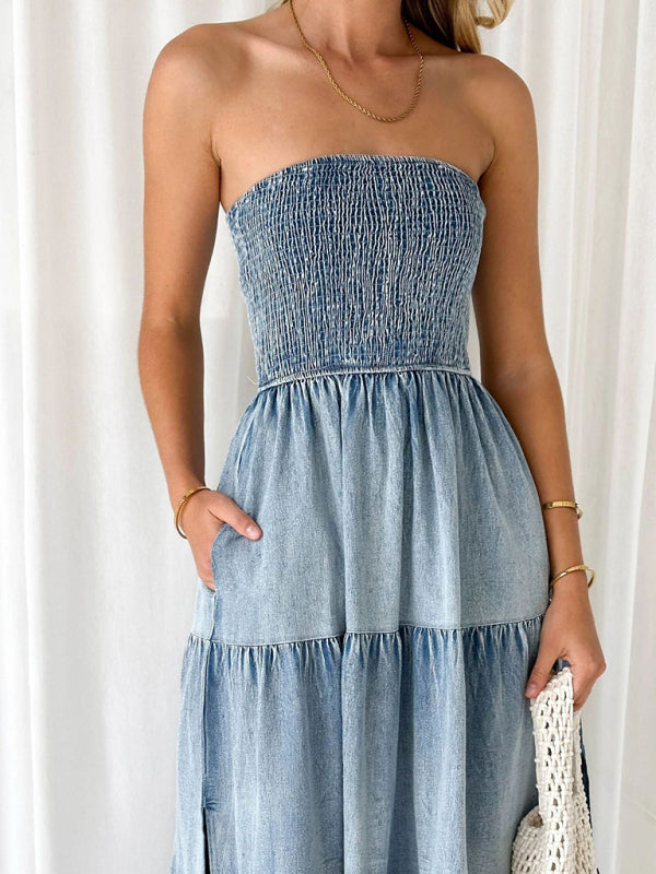 Denim Dresses- Smocked Bodice Denim Midi Dress Strapless & Tiered with Side Pockets- - Pekosa Women Fashion