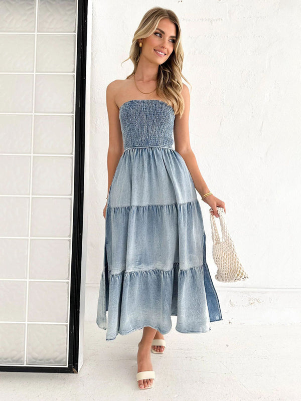 Denim Dresses- Smocked Bodice Denim Midi Dress Strapless & Tiered with Side Pockets- - Pekosa Women Fashion