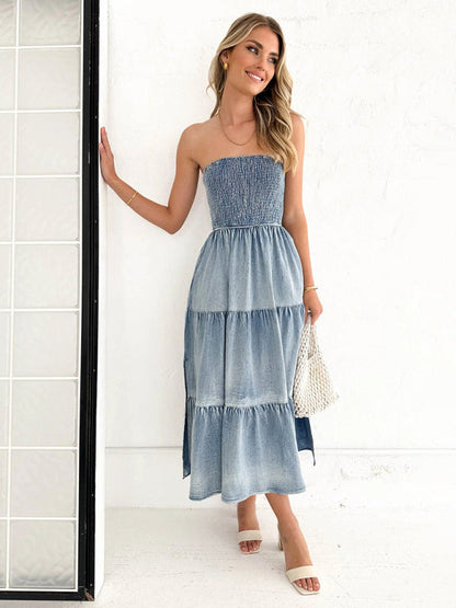 Denim Dresses- Smocked Bodice Denim Midi Dress Strapless & Tiered with Side Pockets- - Pekosa Women Fashion