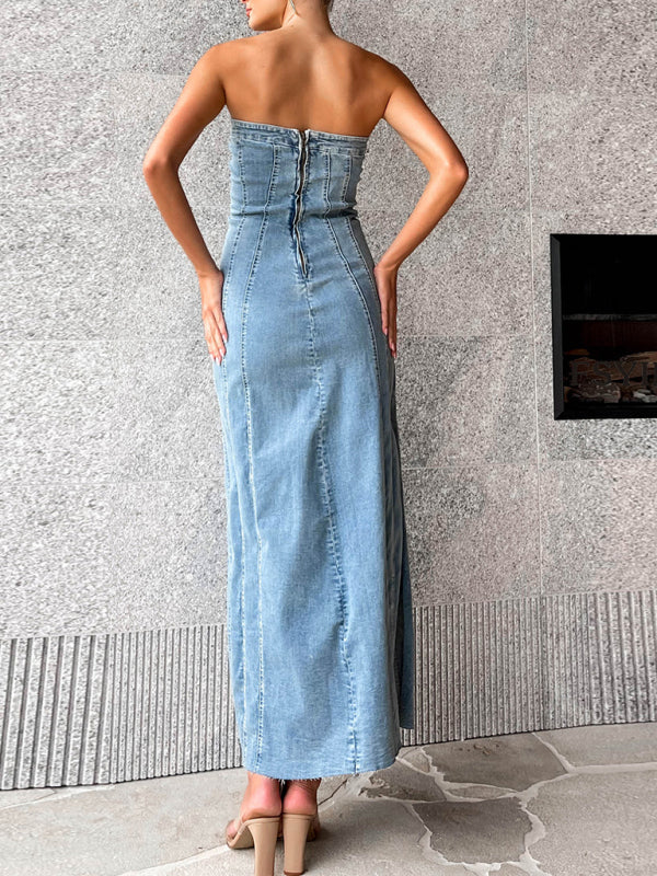 Denim Dresses- Washed Denim Strapless Tube Slit Long Dress- - Pekosa Women Clothing