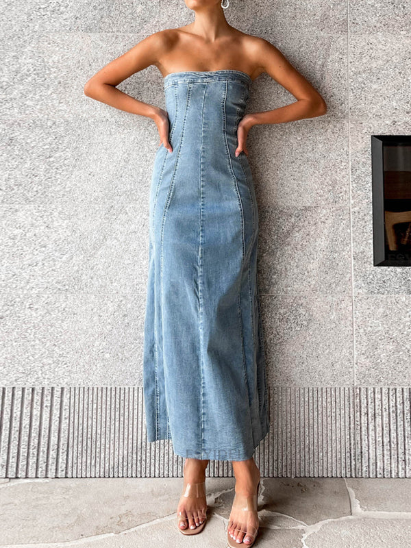 Denim Dresses- Washed Denim Strapless Tube Slit Long Dress- Blue- Pekosa Women Clothing