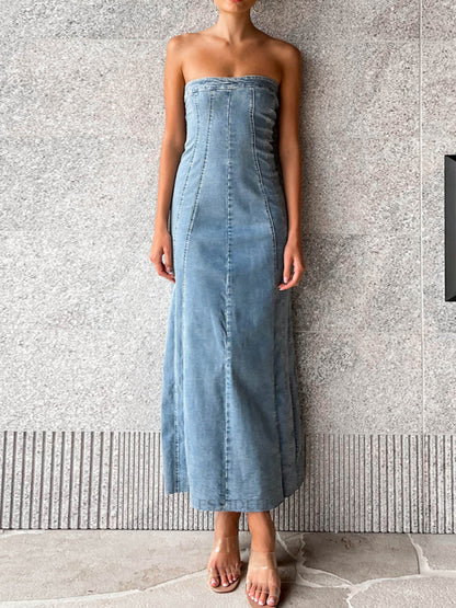 Denim Dresses- Washed Denim Strapless Tube Slit Long Dress- - Pekosa Women Clothing