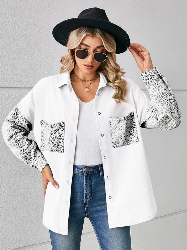 Denim Jackets- Be Unique Denim Leopard Print Patchwork Jacket | Shacket- White- Pekosa Women Clothing