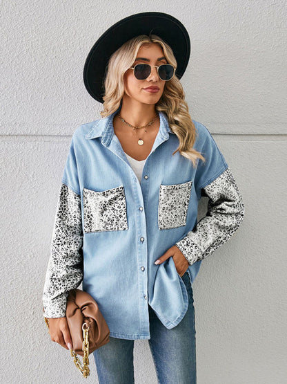 Denim Jackets- Be Unique Denim Leopard Print Patchwork Jacket | Shacket- - Pekosa Women Clothing