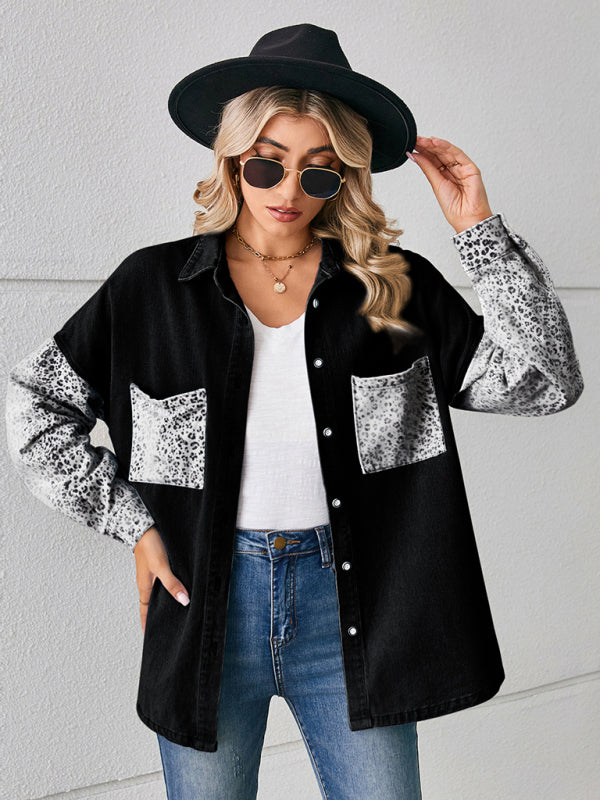 Denim Jackets- Be Unique Denim Leopard Print Patchwork Jacket | Shacket- Black- Pekosa Women Clothing