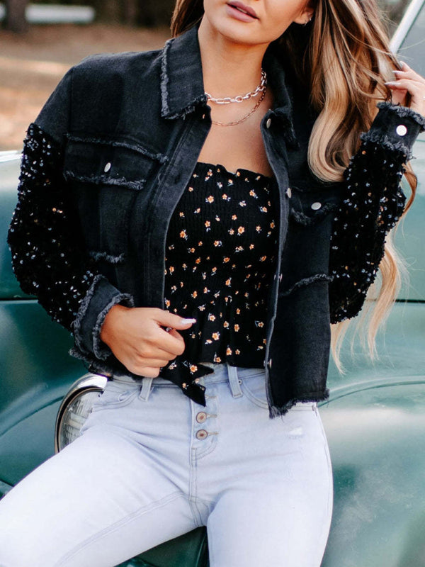 Denim Jackets- Distressed Denim Sparkling Sequin Patchwork Crop Jacket- - Pekosa Women Clothing