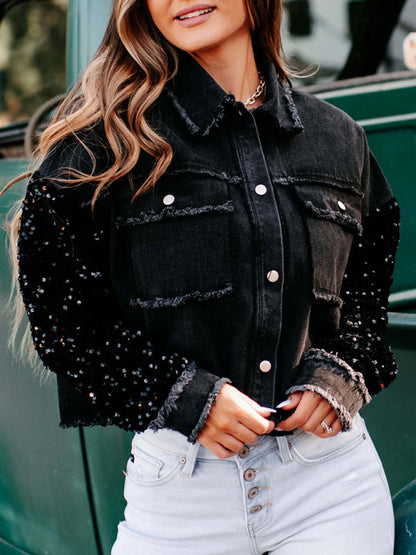 Denim Jackets- Distressed Denim Sparkling Sequin Patchwork Crop Jacket- Black- Pekosa Women Clothing