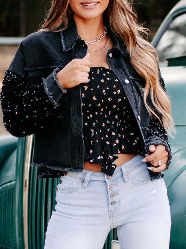 Denim Jackets- Distressed Denim Sparkling Sequin Patchwork Crop Jacket- - Pekosa Women Clothing