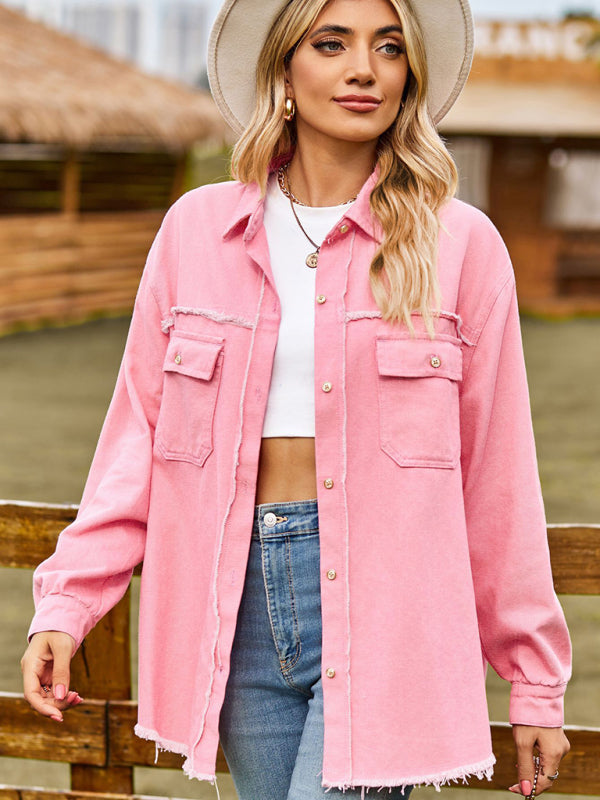 Denim Jackets- Frayed Denim Jacket - Distressed Jean Shirt- Pink- Pekosa Women Clothing