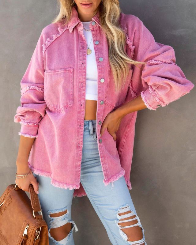 Denim Jackets- Frayed Patch Denim Shirt Jacket- Pink- Pekosa Women Clothing