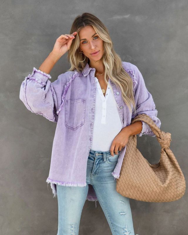 Denim Jackets- Frayed Patch Denim Shirt Jacket- Purple- Pekosa Women Clothing