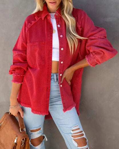 Denim Jackets- Frayed Patch Denim Shirt Jacket- Red- Pekosa Women Clothing