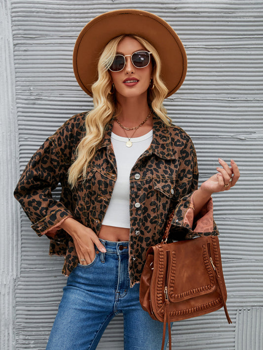 Denim Jackets- Leopard Denim Autumn Casual Crop Jacket- Leopard Print- Pekosa Women Clothing