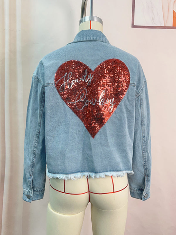 Denim Jackets- Love at the Back Heart Sequined Patched Denim Jacket | Crop Shacket- - Pekosa Women Clothing