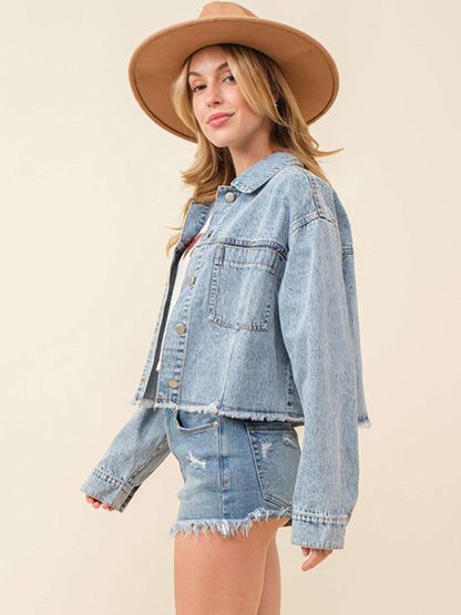 Denim Jackets- Love at the Back Heart Sequined Patched Denim Jacket | Crop Shacket- - Pekosa Women Clothing