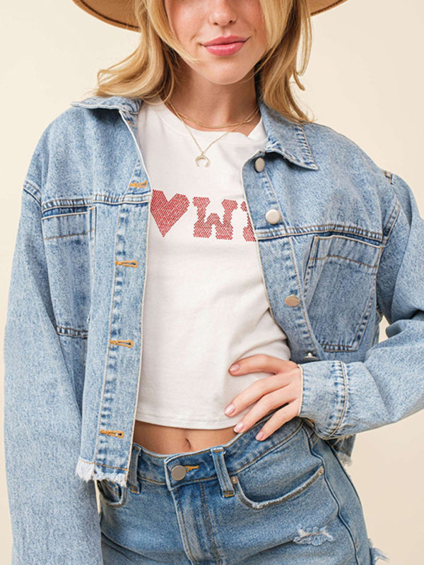 Denim Jackets- Love at the Back Heart Sequined Patched Denim Jacket | Crop Shacket- - Pekosa Women Clothing