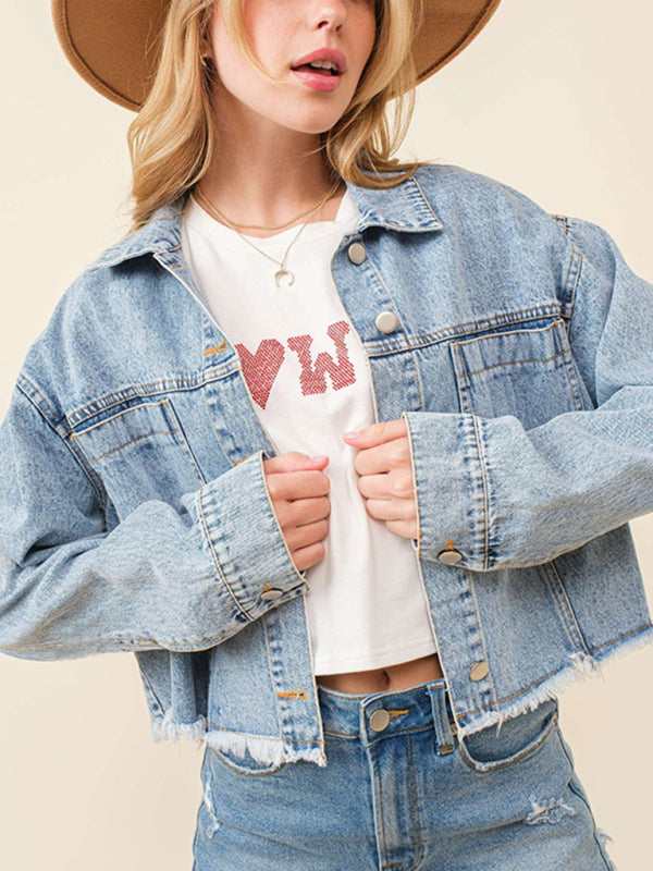 Denim Jackets- Love at the Back Heart Sequined Patched Denim Jacket | Crop Shacket- Blue- Pekosa Women Clothing