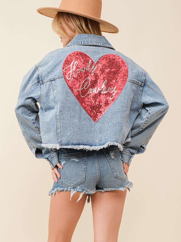 Denim Jackets- Love at the Back Heart Sequined Patched Denim Jacket | Crop Shacket- - Pekosa Women Clothing