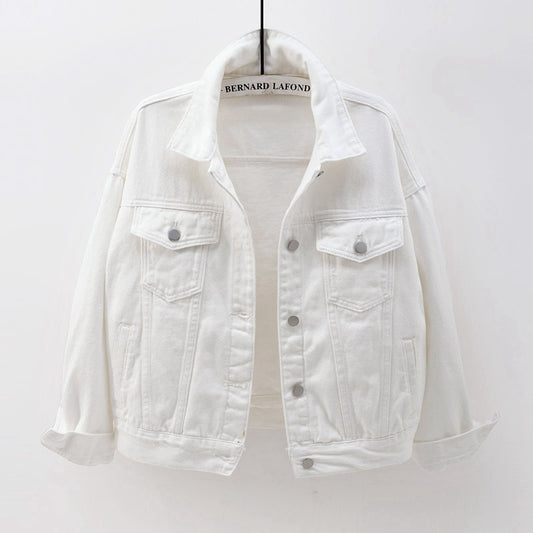 Denim Jackets- Solid Cotton Denim Button-Up Jacket- White- Pekosa Women Clothing